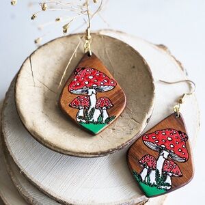Handmade Wooden Mushroom Earrings